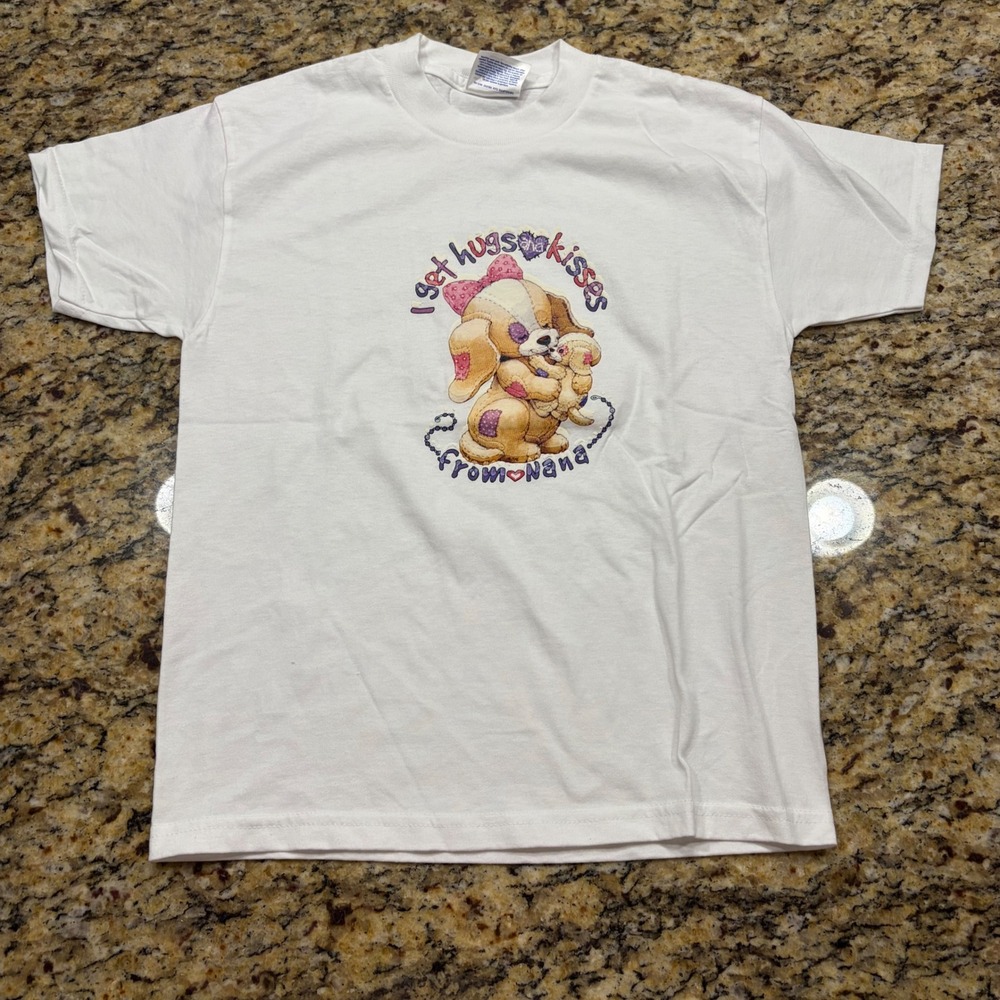 Hanes Youth M 10-12 White T-Shirt Hugs Kisses From Nana Puppy Graphic Tee